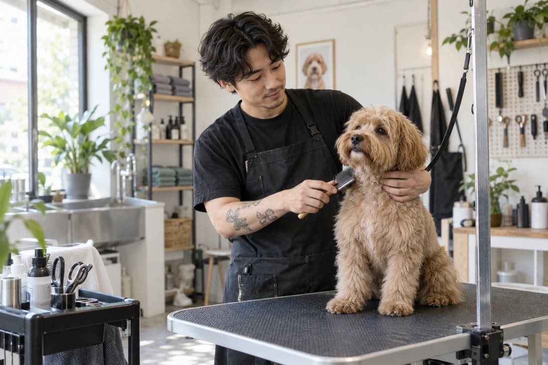 Een hondentrimmer met zwart haar en een zwart T-shirt borstelt een rustige hond