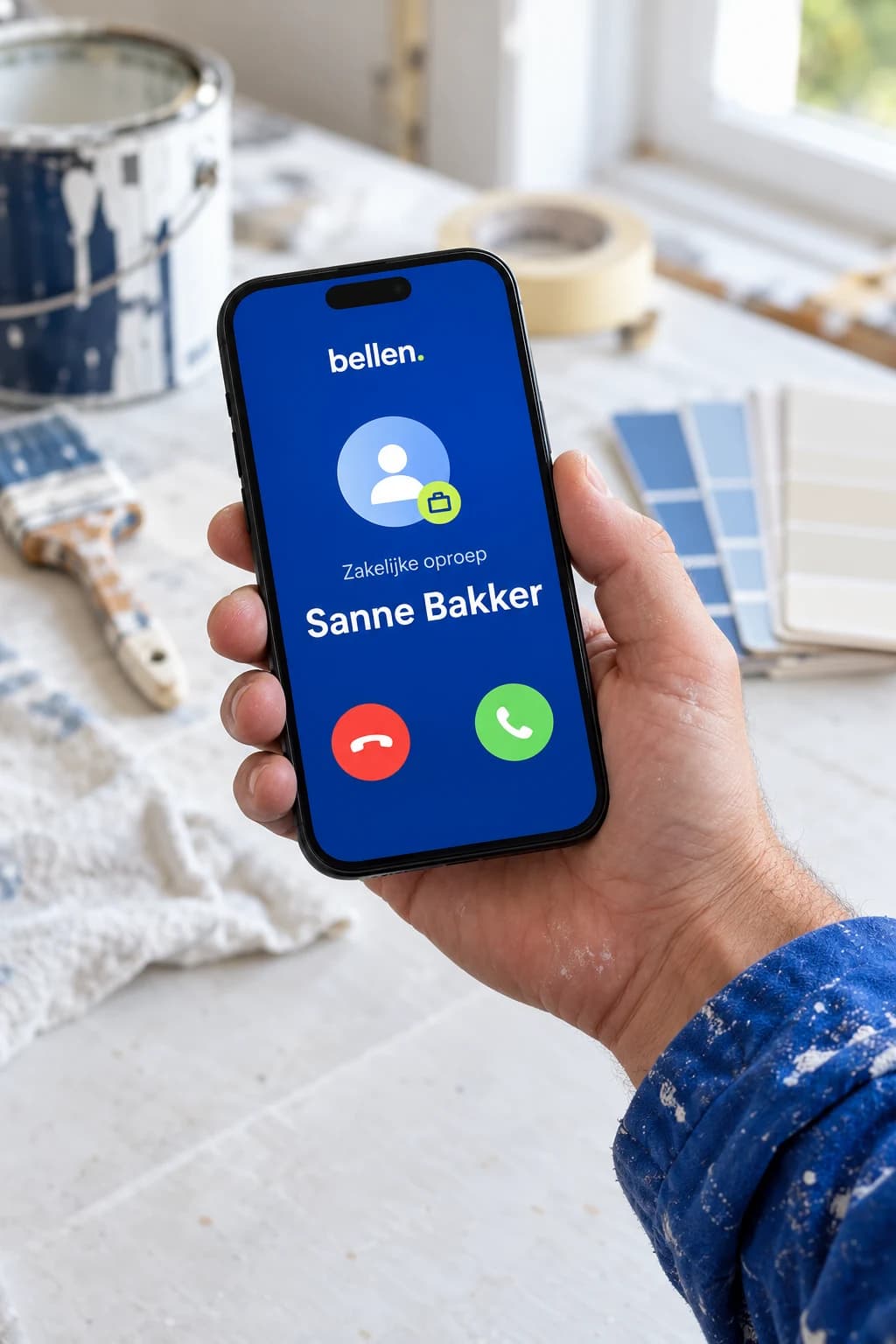 Een ondernemer houdt een telefoon vast waarop een zakelijke oproep binnenkomt, met een schilderwerkplek op de achtergrond